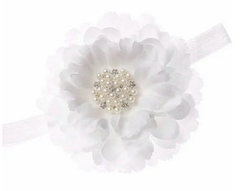 Large White Flower with Pearls and Gems Headband - Flowergirl - Baptism - Formal