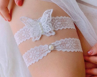 Wedding Garters- Keepsake and Toss - White - Butterfly