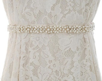 Elegant Pearls and Rhinestones Bridal Belt - Bridal Sash - Wedding Dress Belt - Off-White Ribbon