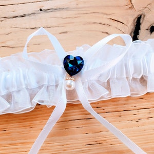 Wedding Garters Keepsake and Toss Blue Heart One- w/gem+pearl
