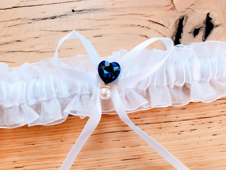 Wedding Garters Keepsake and Toss Blue Heart One- w/gem+pearl