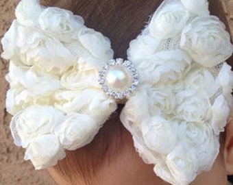 Large White Floral Bow Headband - Flowergirl - Baptism - Formal