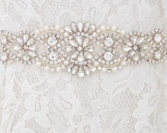 Rhinestones and Pearls Bridal Belt - Bridal Sash - Wedding Dress Belt - Choose Ribbon Colour!