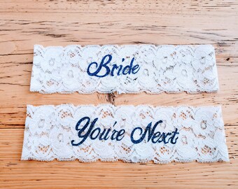 Wedding Garters Set of 2- Keepsake and Toss - Something Blue - Bride - You're Next