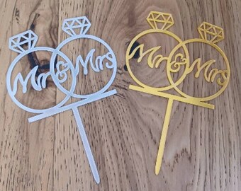 Acrylic Cake Topper 7", Mr and Mrs., Gold or Silver