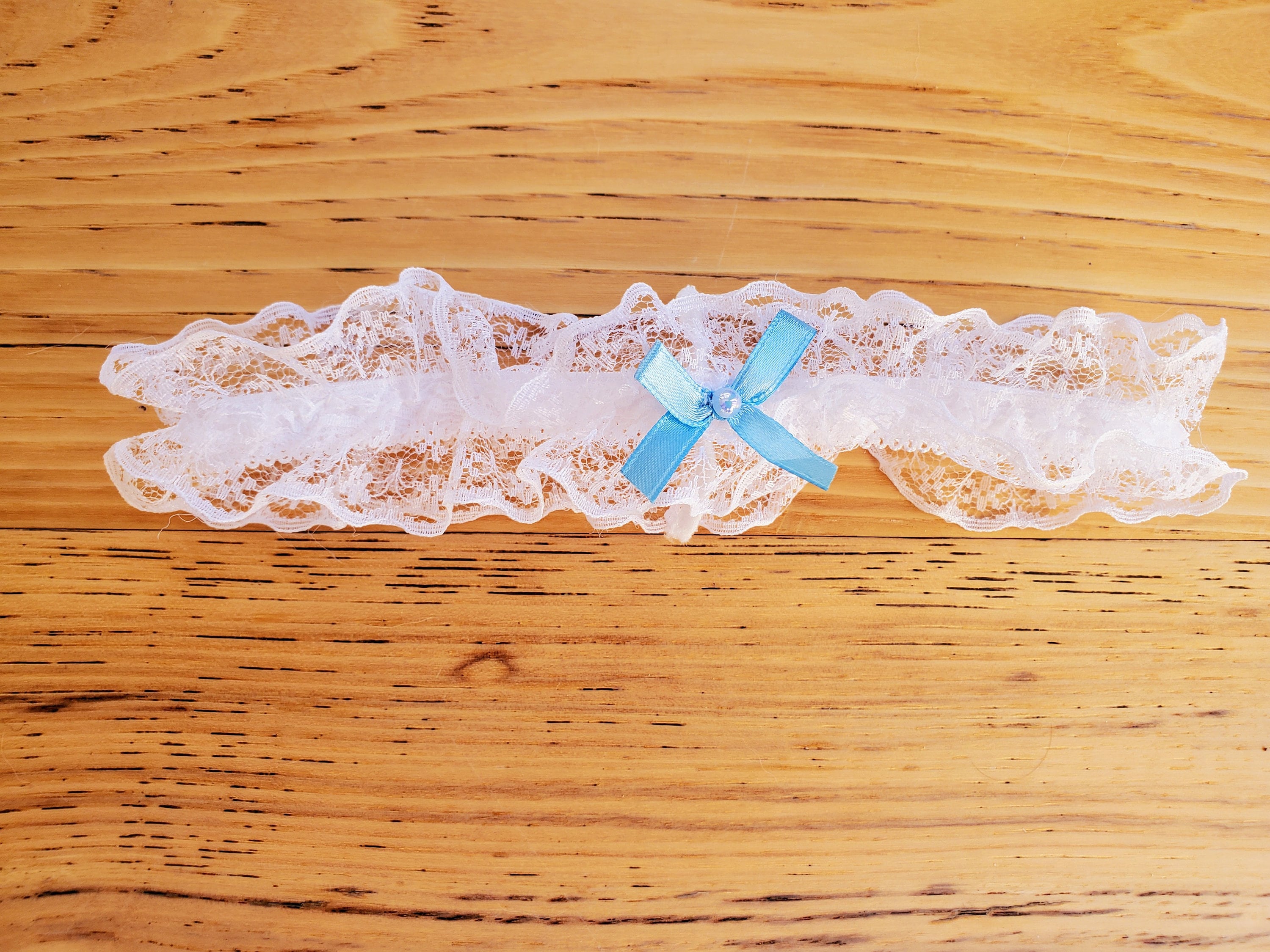 Bridal white lace garter with light blue satin ribbon UGY PT