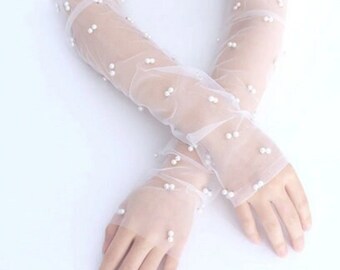 Delicate Formal Fingerless Wedding Long Gloves with Pearls