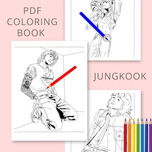 Puede incluir: Libro para colorear en PDF con ilustraciones en blanco y negro de una persona en varias poses. Se muestra la palabra "JUNGKOOK". Se muestran lápices de colores en la parte inferior derecha.