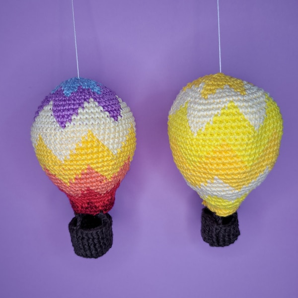 No sew pattern for amigurumi sun and sunset zig zag hot air balloon for baby mobile or nursery decor or as a babyshower gift, PDF english