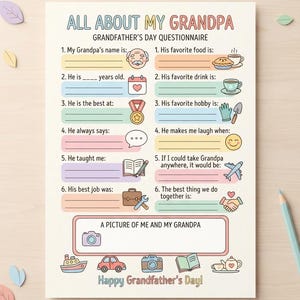 Może przedstawiać: Kremowy kwestionariusz na Dzień Dziadka zatytułowany ALL ABOUT MY GRANDPA. Arkusz zawiera dwanaście pytań do uzupełnienia z kolorowymi ikonami, takimi jak medal, książka, samolot i aparat. Tekst na dole brzmi Happy Grandfather's Day.