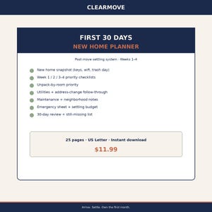 May include: A digital New Home Planner by CLEARMOVE titled First 30 Days. The document outlines a post-move settling system for weeks 1-4, including checklists for snapshots, unpacking, utilities, maintenance, and budgets. It is 25 pages, US Letter size.