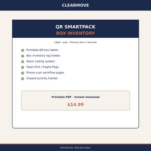 May include: A digital product information card for QR Smartpack box inventory featuring the text: Label, scan, find any box in seconds. It lists printable QR box labels, box inventory log sheets, room coding system, open-first flags, and phone scan workflow pages.