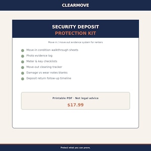 May include: A digital document titled CLEARMOVE SECURITY DEPOSIT PROTECTION KIT, a move-in/move-out evidence system for renters. It lists move-in condition walkthrough sheets, photo evidence log, meter and key checklists, cleaning tracker, and deposit return timeline.