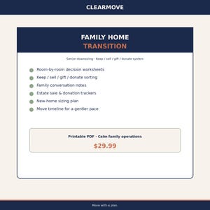May include: A digital document titled CLEARMOVE FAMILY HOME TRANSITION featuring a list of organizational tools including room-by-room decision worksheets, keep/sell/gift/donate sorting, family conversation notes, estate sale trackers, and a move timeline.