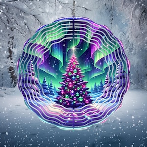 May include: A decorative Christmas ornament with a layered, spherical design. The ornament features a Christmas tree with colorful ornaments, set against a backdrop of a winter forest and aurora borealis. The ornament is suspended by a chain.