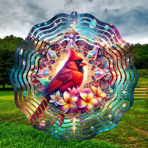 Cardinal Wind Spinner PNG, Plumerias Mandala Windspinner Sublimation Design, Instant Download, Cosmic Cardinal Sublimation Template PNG