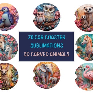 70 3D Carved Baby animals Car Coaster Sublimation Design Bundle, Car Coaster PNG, Instant Digital Download PNG, Round Sublimation Design