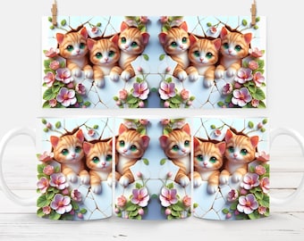 Tazza con foro nel muro e motivo a gattino 3D, tazza con motivo a fiori, design a sublimazione in formato PNG, modello per tazza da caffè da 11 e 15 once, design per tazza con gatto carino 3D