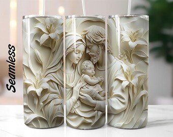 3D Nativity Scene Mary Joseph Jesus, 20 oz Skinny Tumbler Sublimation Design, Instant Digital Download PNG, Straight Tumbler Wrap, 300 DPI