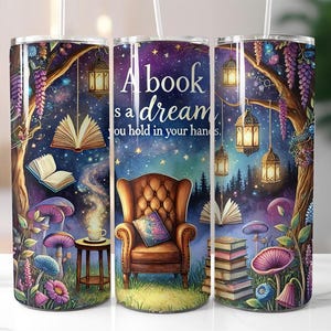 Seamless Bookish, Ein Buch ist ein Traum, den Sie halten, verzauberter Wald, SEAMLESS Skinny Tumbler Sublimation Design Digital Download PNG, Tumbler Wrap