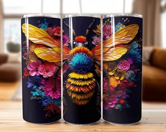 3D Rainbow Bee on Flowers 20 oz Skinny Tumbler Sublimation Design,Straight & Tapered Tumbler Wrap PNG, Instant Digital Download PNG, 300 DPI