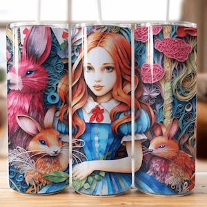 Paper Quilling Alice in Wonderland 20 oz Skinny Tumbler Sublimation Design,Straight & Tapered Tumbler Wrap PNG, Instant Digital Download PNG
