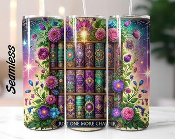Bookish, Just one more chapter, Row of Books SEAMLESS Skinny Tumbler Sublimation Design Digital Download PNG Instant Tumbler Wrap