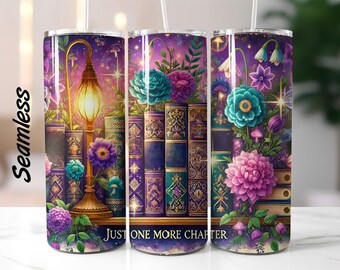 Bookish, Just one more chapter, Row of Books SEAMLESS Skinny Tumbler Sublimation Design Digital Download PNG Instant Tumbler Wrap