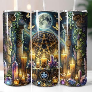 Emballage de gobelet pentagramme mystique au clair de lune sans couture, sublimation 20 oz, conception Wicca, sorcière en cristal doré PNG, forêt enchantée, PNG