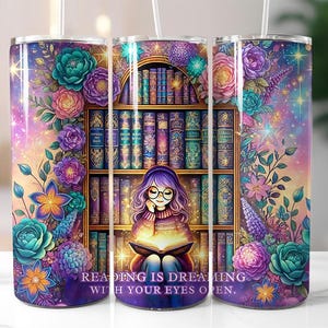 Bücherwurm, Lesen träumt, Reihe der Bücher SEAMLESS Skinny Tumbler Sublimation Design Digital Download PNG Instant Tumbler Wrap