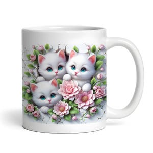 3D Kitten Hole In A Wall Mug Wrap, Flowers Mug Wrap Sublimation Design PNG, 11oz and 15oz Coffee Cup Template, 3D Cute Cat Mug Press Design