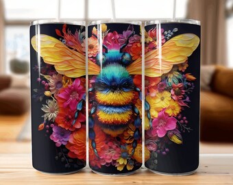 3D Rainbow Bee on Flowers 20 oz Skinny Tumbler Sublimation Design,Straight & Tapered Tumbler Wrap PNG, Instant Digital Download PNG, 300 DPI