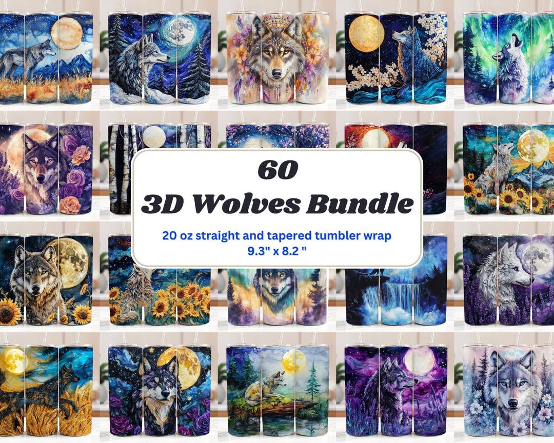 60 3D Wolves 20 Oz Skinny Tumbler Sublimation Design Megabundle ...