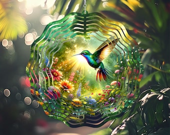 Hummingbird with Flowers Wind Spinner -  Bird Windspin, Wildflowers Forest Outdoor Decor, Garden Windspinner Mom Gift, Sublimation PNG