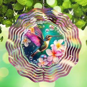 3D Hummingbird Wind Spinner - Soap Bubbles Windspin, Colorful Nature Outdoor Decor, Holographic Garden Windspinner Gift, Sublimation PNG
