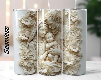 3D Nativity Scene Mary Joseph Jesus, 20 oz Skinny Tumbler Sublimation Design, Instant Digital Download PNG, Straight Tumbler Wrap, 300 DPI