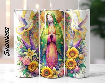 Virgen de Guadalupe Floral 20 oz Skinny Tumbler Sublimation Design Wrap, Digital Download, Straight Design PNG