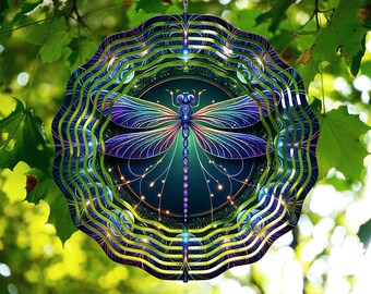 Wind Spinner Sublimation Design, Round PNG Digital Download, Mystical Dragonfly Night Garden, Vibrant Windspinner Image, Home Decor Art