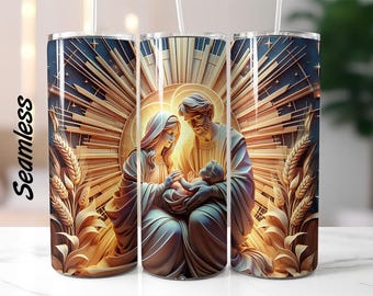3D Nativity Scene Mary Joseph Jesus, 20 oz Skinny Tumbler Sublimation Design, Instant Digital Download PNG, Straight Tumbler Wrap, 300 DPI