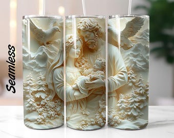 3D Nativity Scene Mary Joseph Jesus, 20 oz Skinny Tumbler Sublimation Design, Instant Digital Download PNG, Straight Tumbler Wrap, 300 DPI