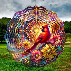 Cardinal Wind Spinner PNG, Flowers Glitter Mandala Windspinner Sublimation, Instant Download, Cosmic Cardinal Sublimation Template PNG