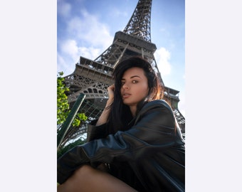 Eiffel Tower girl portrait Paris France, eiffel tower photo, eiffel tower print, parisian girl, eiffel tower wall art, eiffel tower girl
