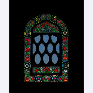 May include: A stained glass window featuring a colourful floral design and a geometric pattern. The window is set against a dark background.