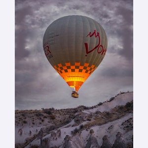 Hot air balloon in grey morning sky in Love Valley, Cappadocia, Turkey, Classic Matte Paper Poster