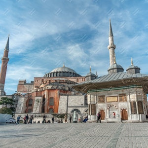 Turkey, Istanbul, Ayasofia Mosque and Abdulhamid Han Fountain at blue cloudy sky background, cityscape - Museum-Quality Matte Paper Poster