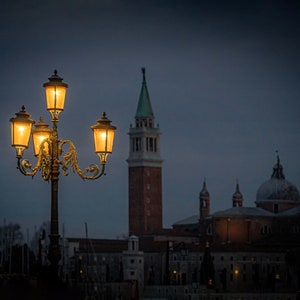 Italy, Venice, Street lamp with Basilica di San Giorgio Maggiore at background at night  - Museum-Quality Matte Paper Poster