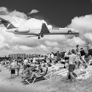 Sint Maarten, Maho Beach, InselAir Airplane lands over Maho Beach, Black and White photo, Classic Matte Paper Poster, airplane spotting