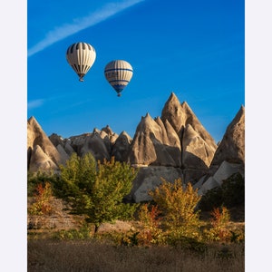 Two hot air balloons in the early morning sky in Love Valley, Cappadocia, Turkey, Museum-Quality Matte Paper Poster
