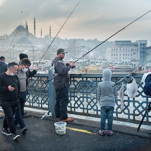 Turkey, Istanbul, the fishermen at Galata Bridge, Street photography, people watching caught fish,   - Museum-Quality Matte Paper Poster