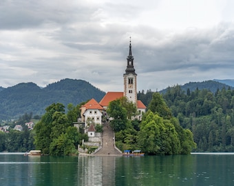 Lake Bled Slovenia, Bled Lake, The Assumption of Mary Church with a boat pier i front of it, lakeview  - Museum-Quality Matte Paper Poster